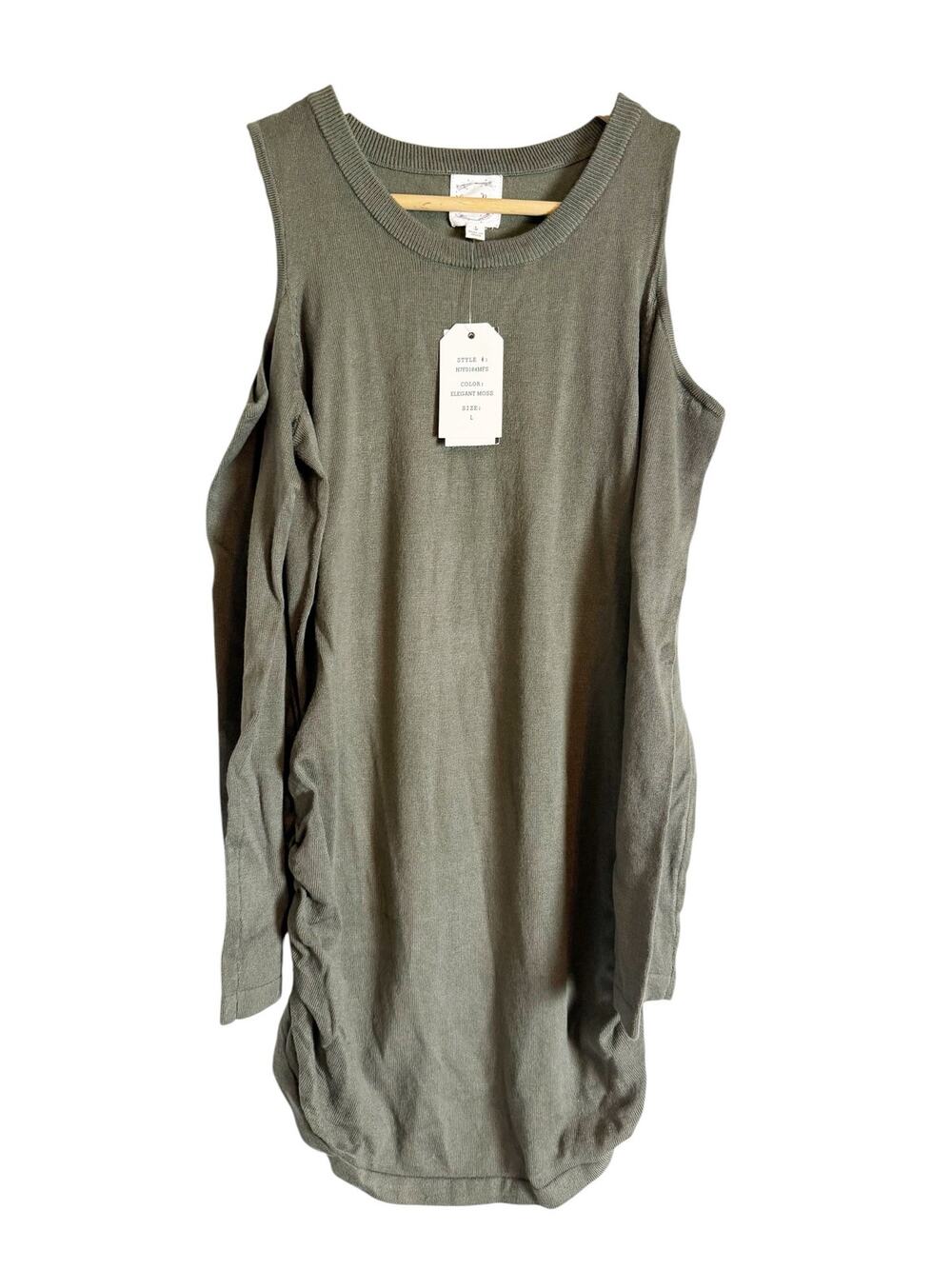 Hippie Rose Moss Green Knit Cold Shoulder Ruched Long Sleeve Sweater Mini Dress
